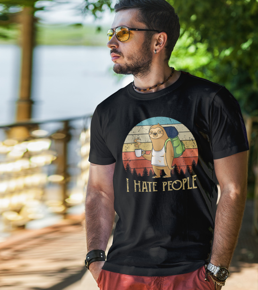 Vintage I Hate People Sloth Camping With Coffee And Backpack Retro Sunset Stripes T-Shirt
