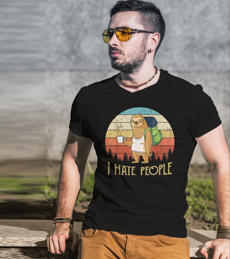 Vintage I Hate People Sloth Camping With Coffee And Backpack Retro Sunset Stripes T-Shirt