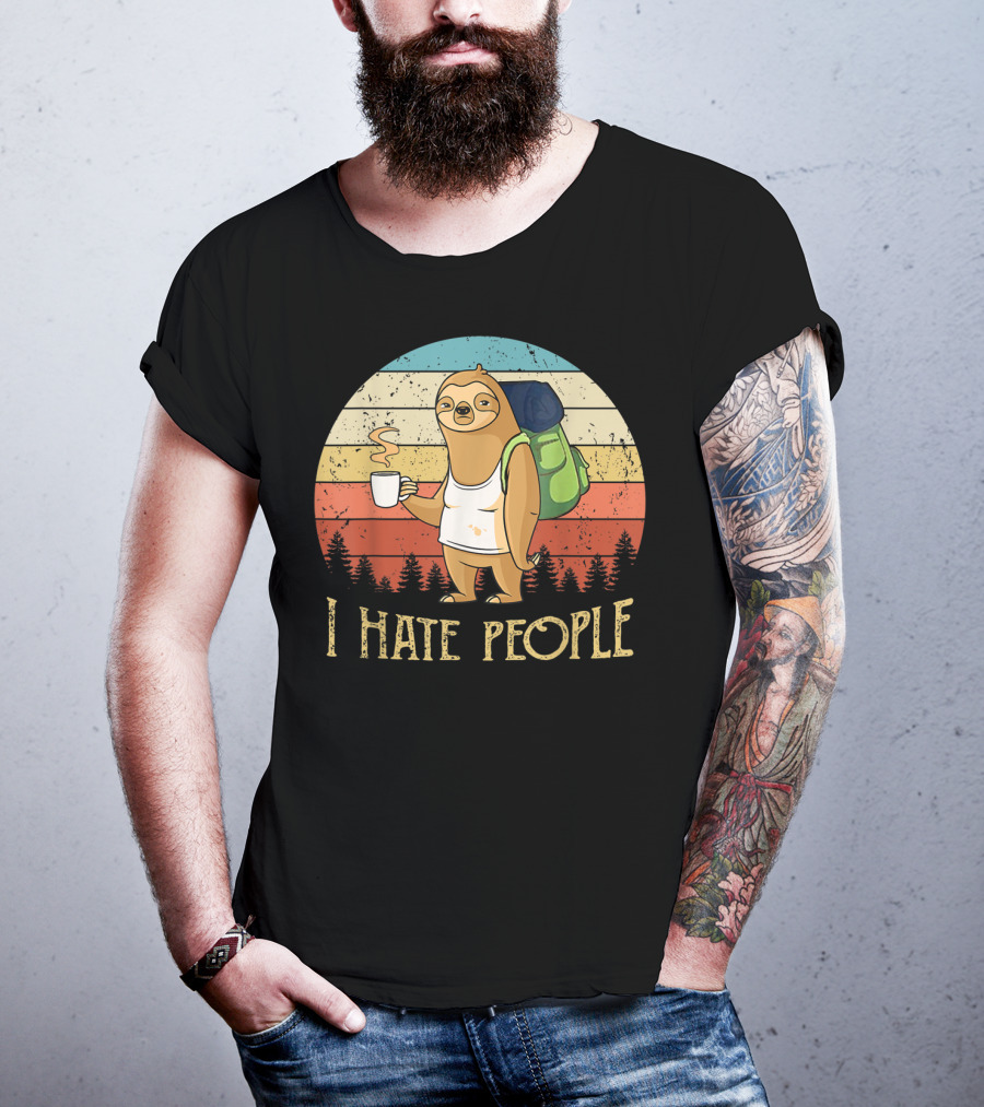 Vintage I Hate People Sloth Camping With Coffee And Backpack Retro Sunset Stripes T-Shirt