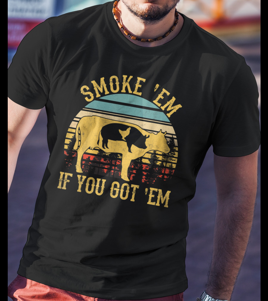 Smoke 'Em If You Got 'Em Vintage BBQ Grilling Cow Silhouette Retro Sunset T-Shirt