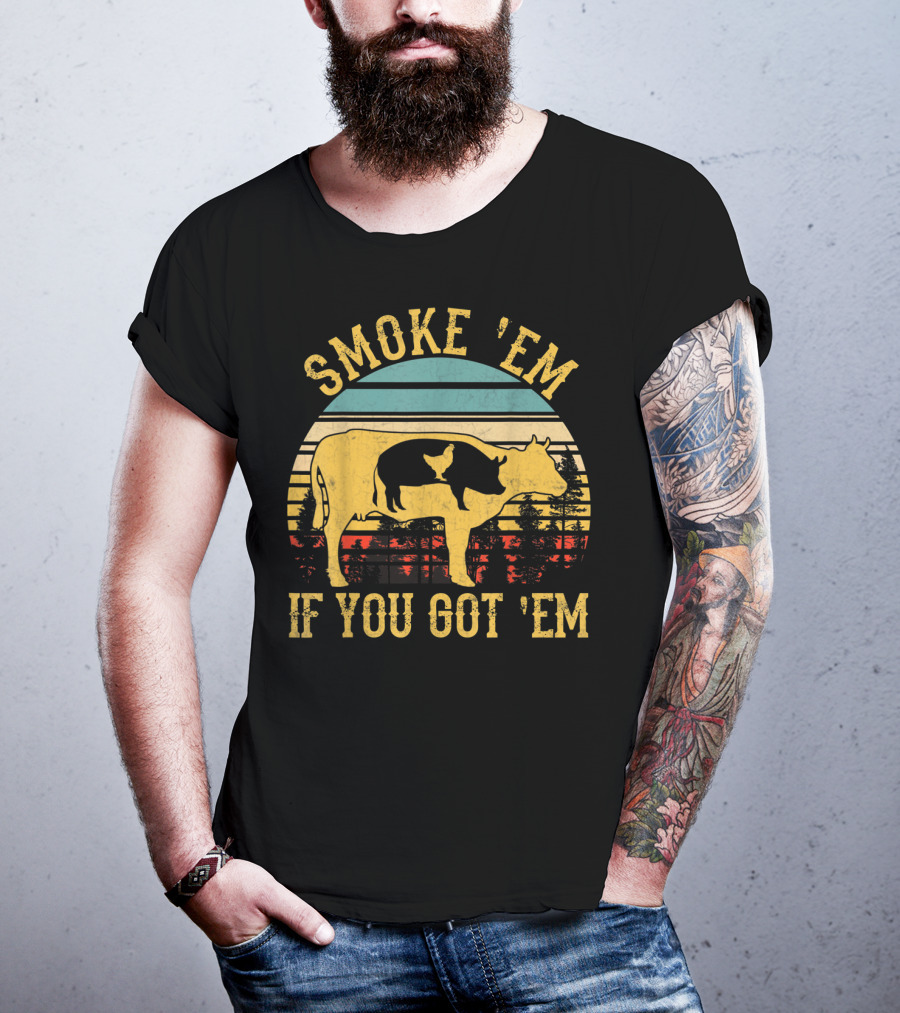 Smoke 'Em If You Got 'Em Vintage BBQ Grilling Cow Silhouette Retro Sunset T-Shirt