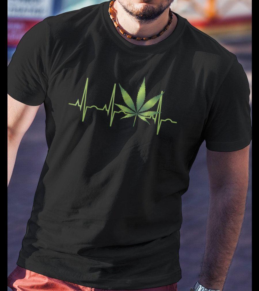 Weed Marijuana Leaf Heartbeat EKG Line T-Shirt