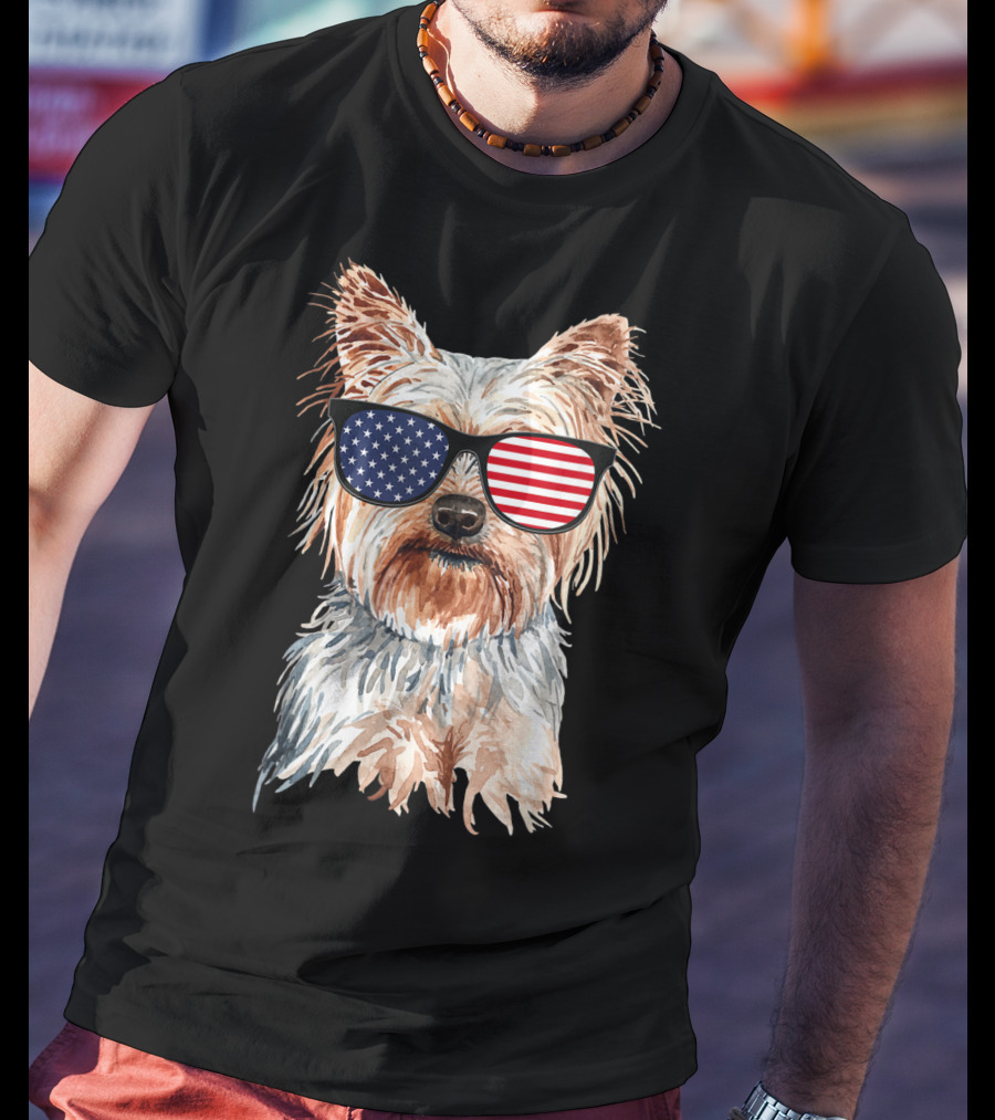 Yorkie Dog With American Flag Sunglasses Patriotic T-Shirt