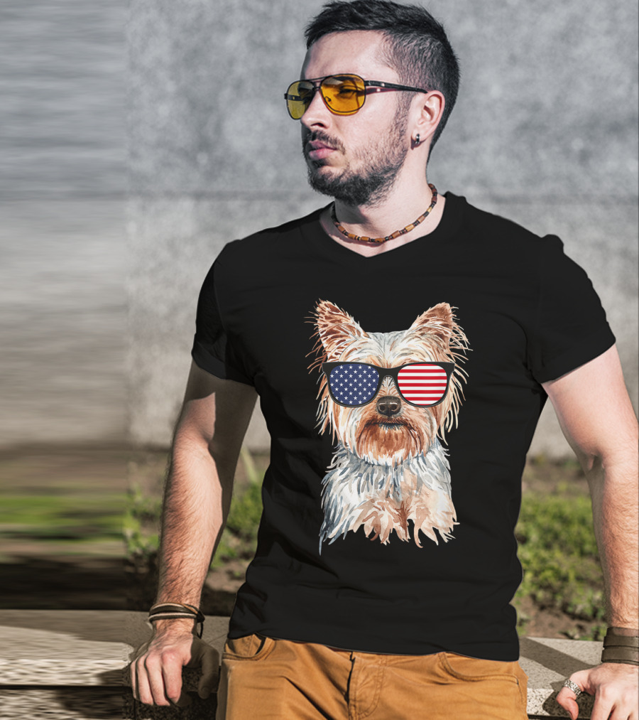 Yorkie Dog With American Flag Sunglasses Patriotic T-Shirt