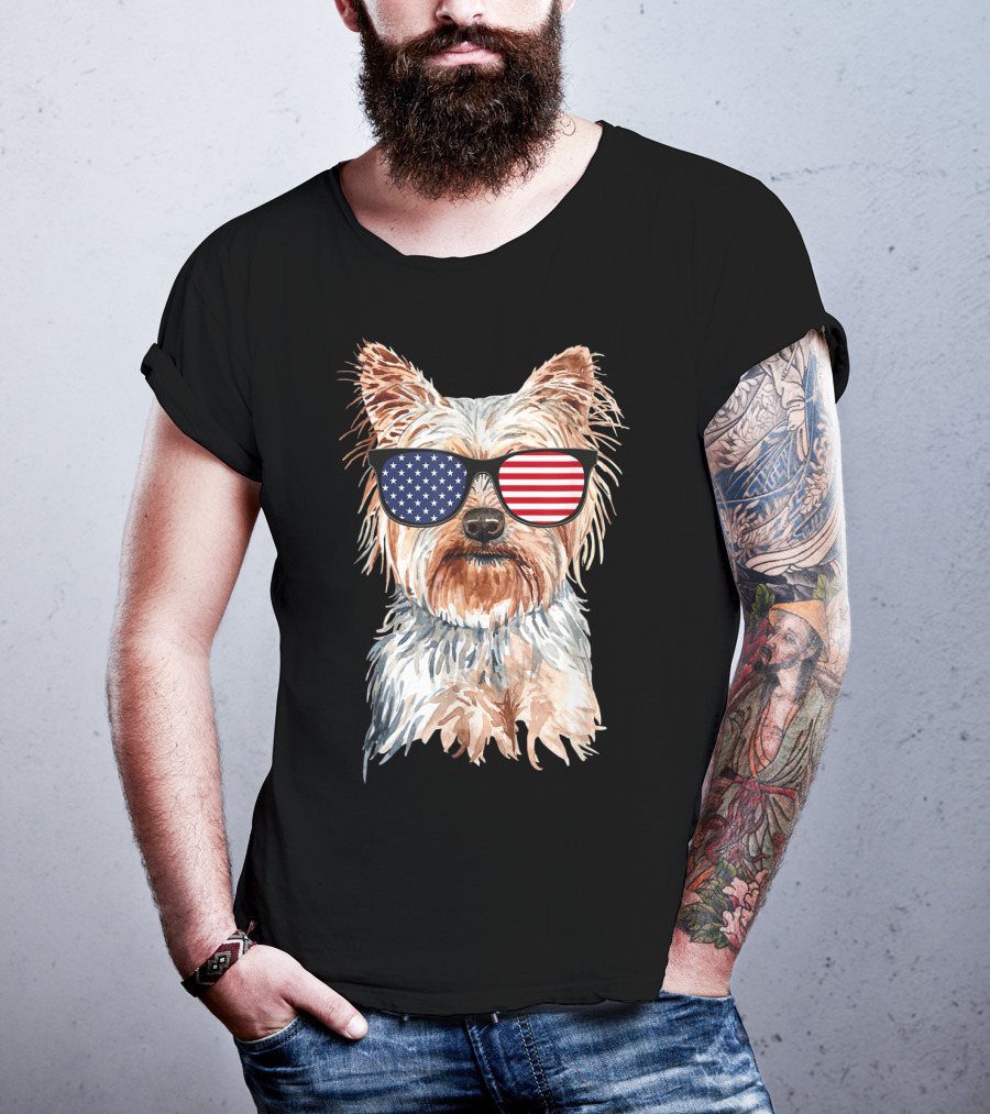 Yorkie Dog With American Flag Sunglasses Patriotic T-Shirt