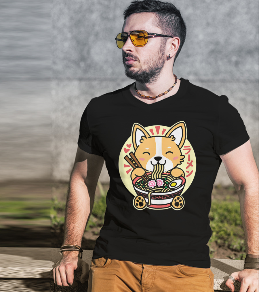 Kawaii Corgi Ramen Cute Anime Dog Japanese Noodles T-Shirt