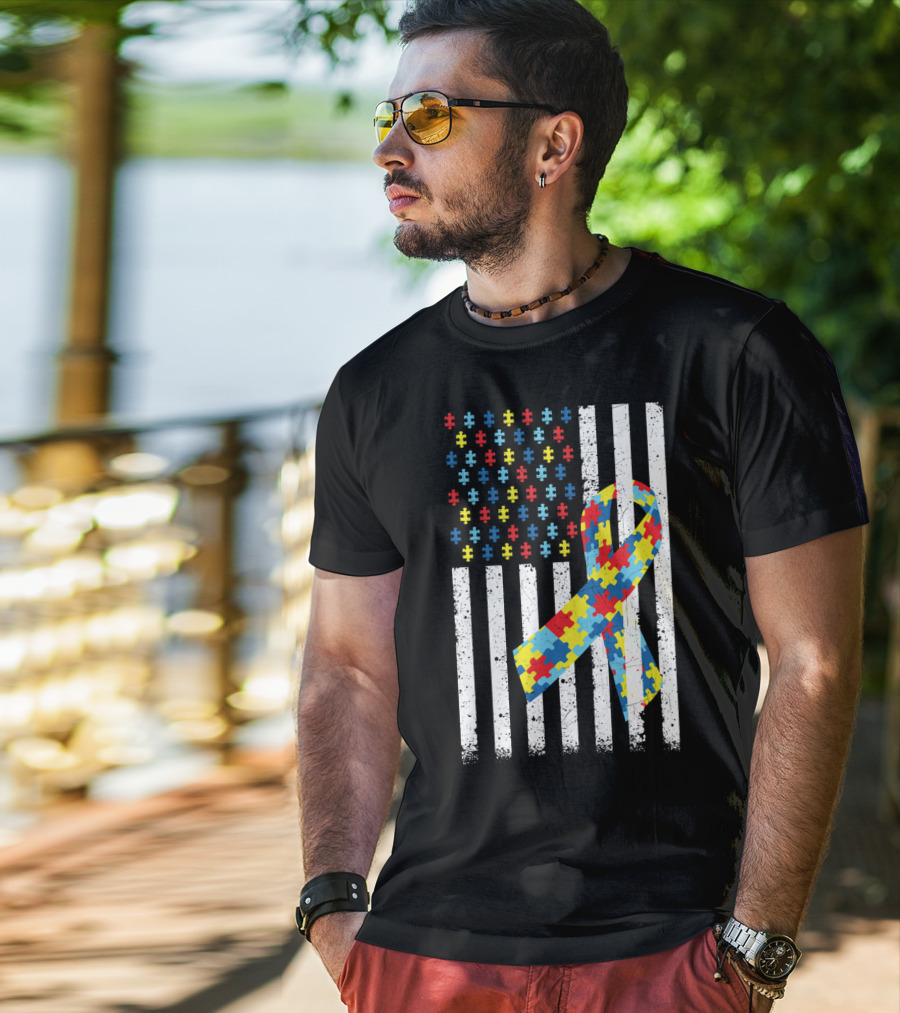 American Flag Jigsaw Puzzle Ribbon Autism Awareness T-Shirt