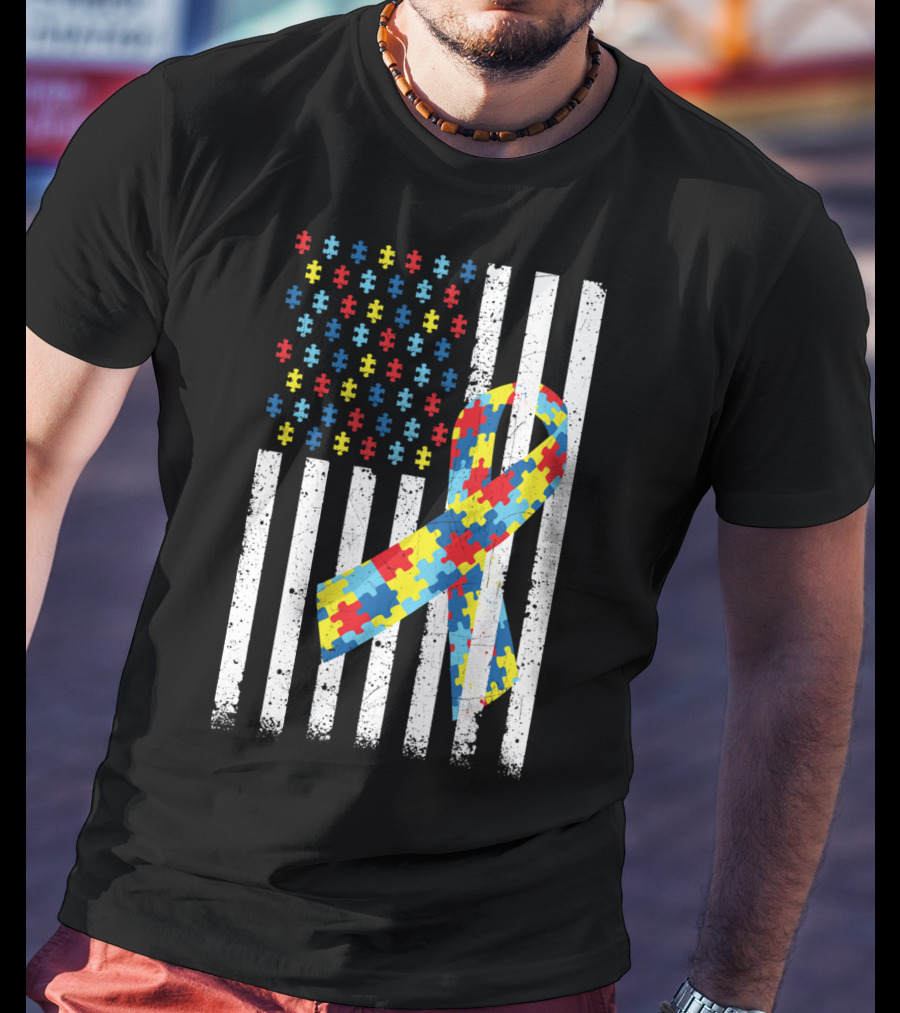 American Flag Jigsaw Puzzle Ribbon Autism Awareness T-Shirt
