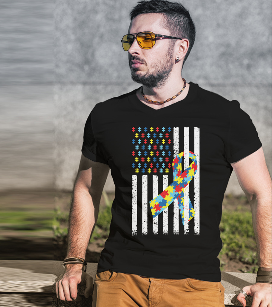 American Flag Jigsaw Puzzle Ribbon Autism Awareness T-Shirt