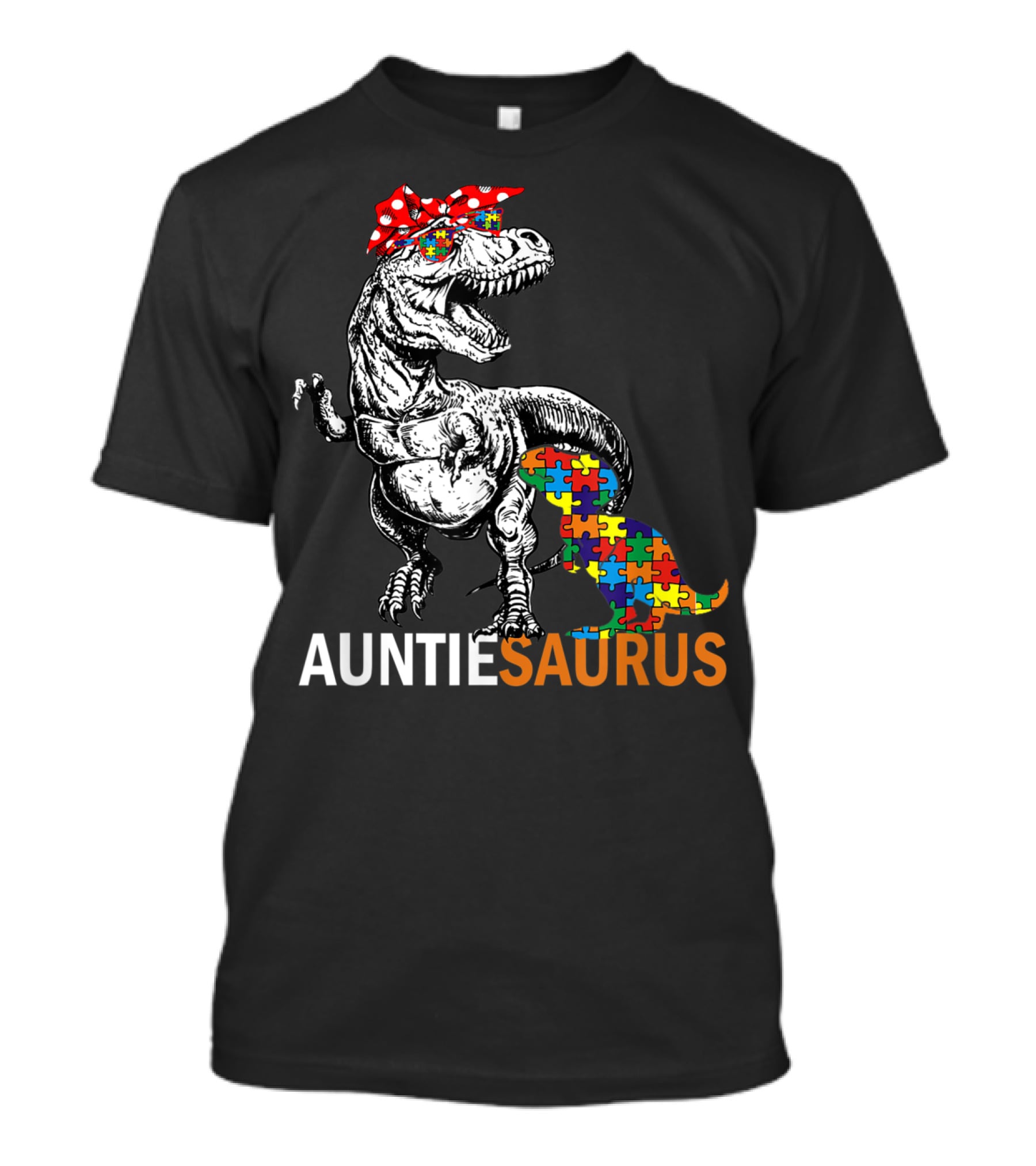 Auntie Saurus Autism Awareness Dinosaur With Puzzle Pieces And Bow T-Shirt