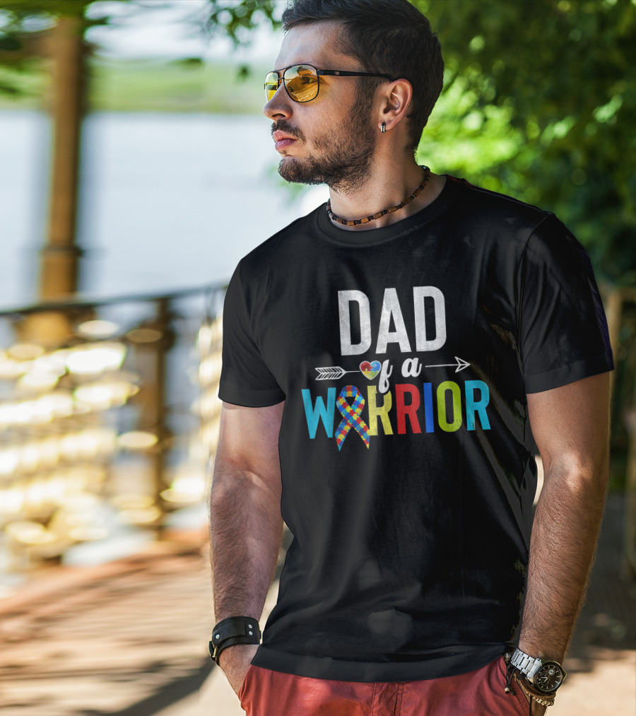 Dad Of A Warrior Autism Awareness Ribbon Heart Arrow T-Shirt