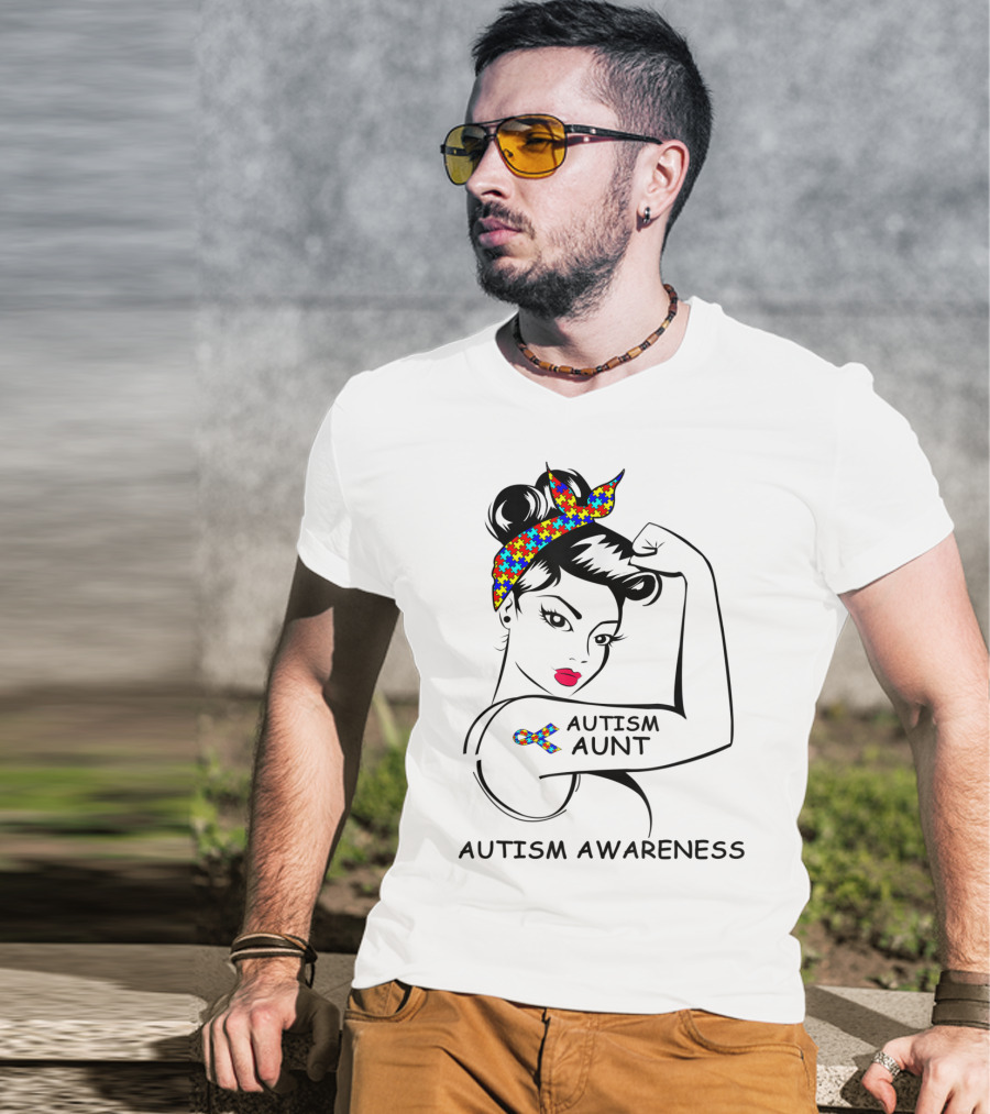 Autism Aunt Awareness Strong Puzzle Ribbon Rosie T-Shirt