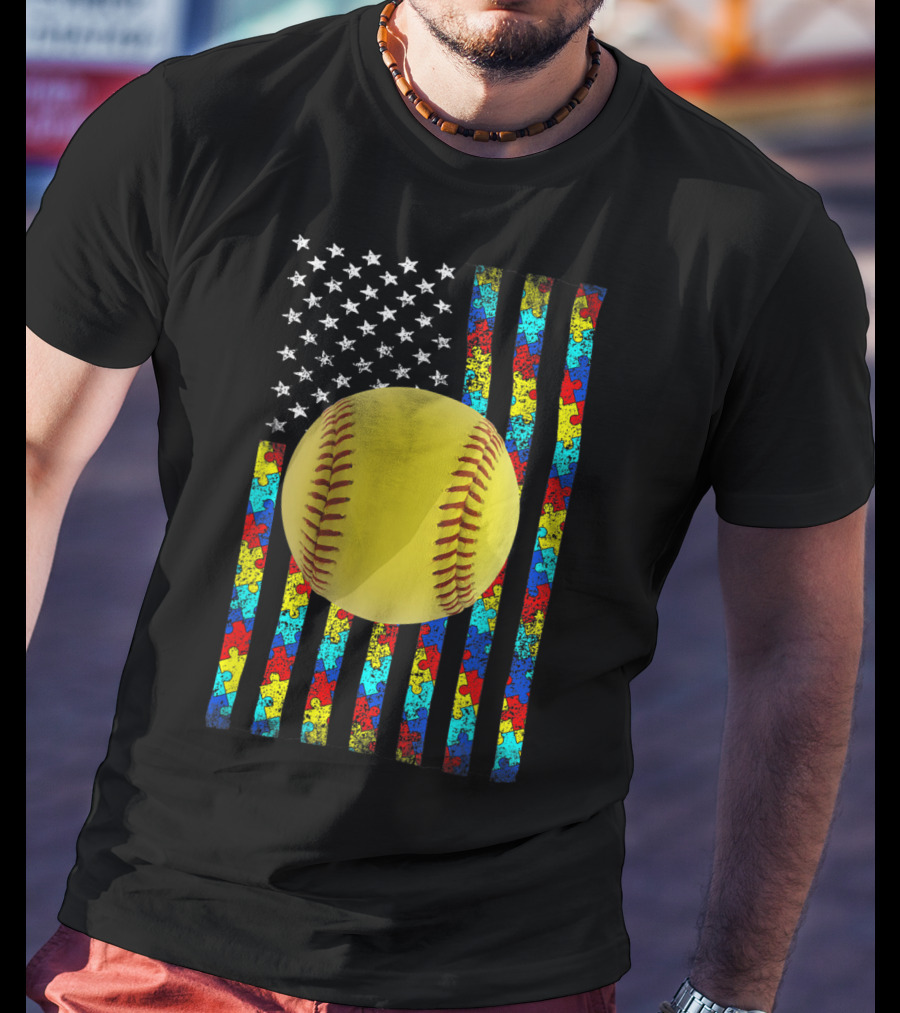 Autism Awareness American Flag Softball Puzzle Piece Stripes T-Shirt