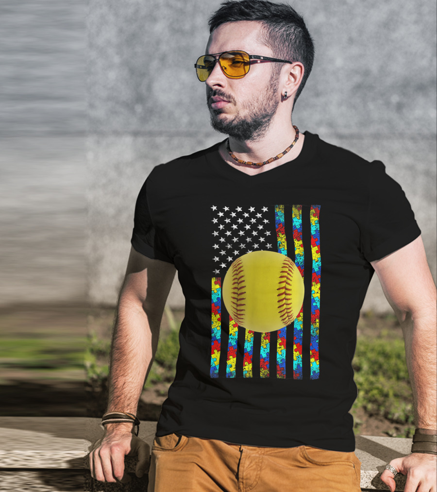 Autism Awareness American Flag Softball Puzzle Piece Stripes T-Shirt