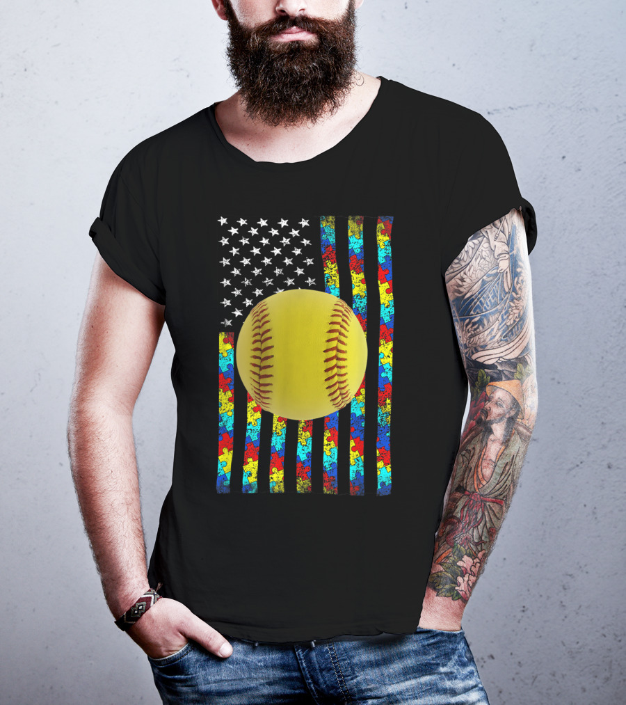 Autism Awareness American Flag Softball Puzzle Piece Stripes T-Shirt