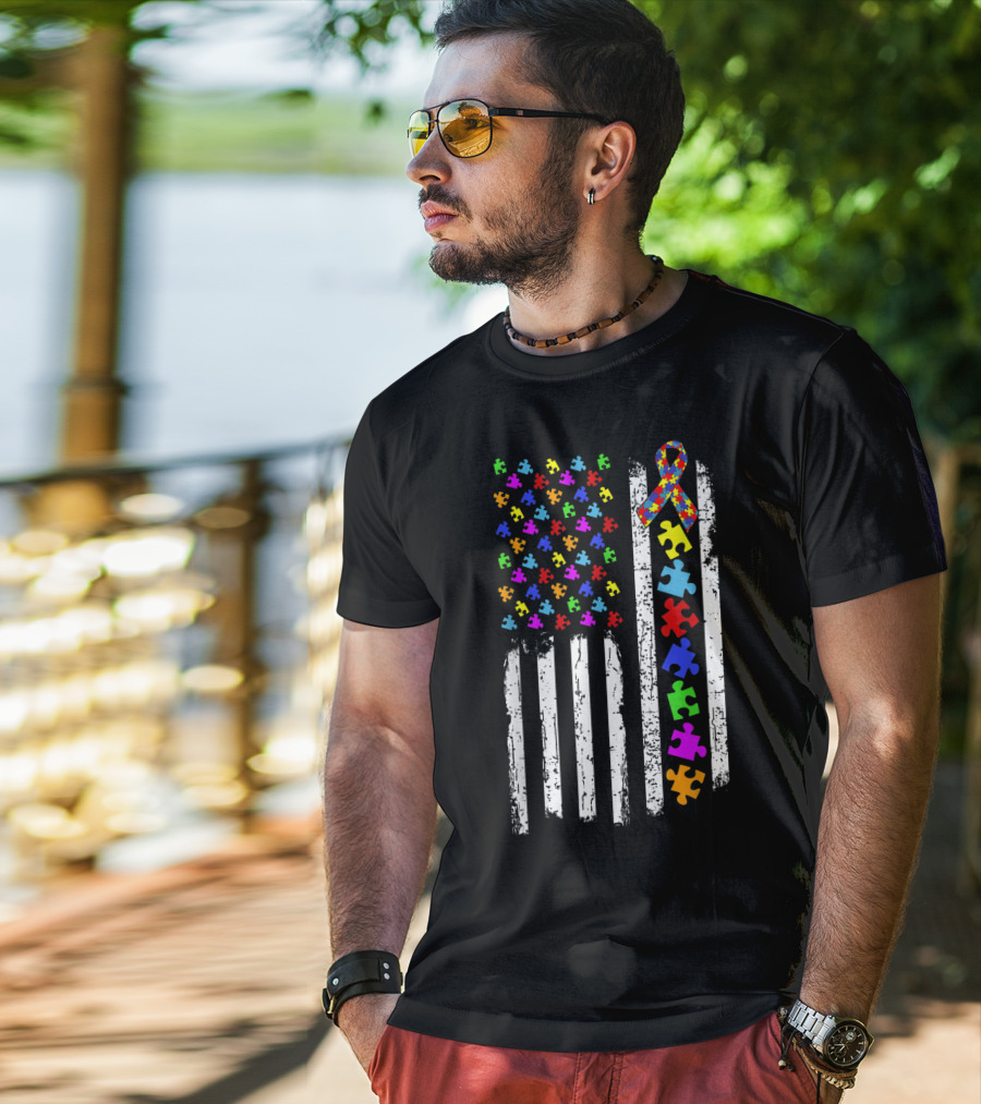 Autism Awareness Puzzle Piece Ribbon American Flag T-Shirt