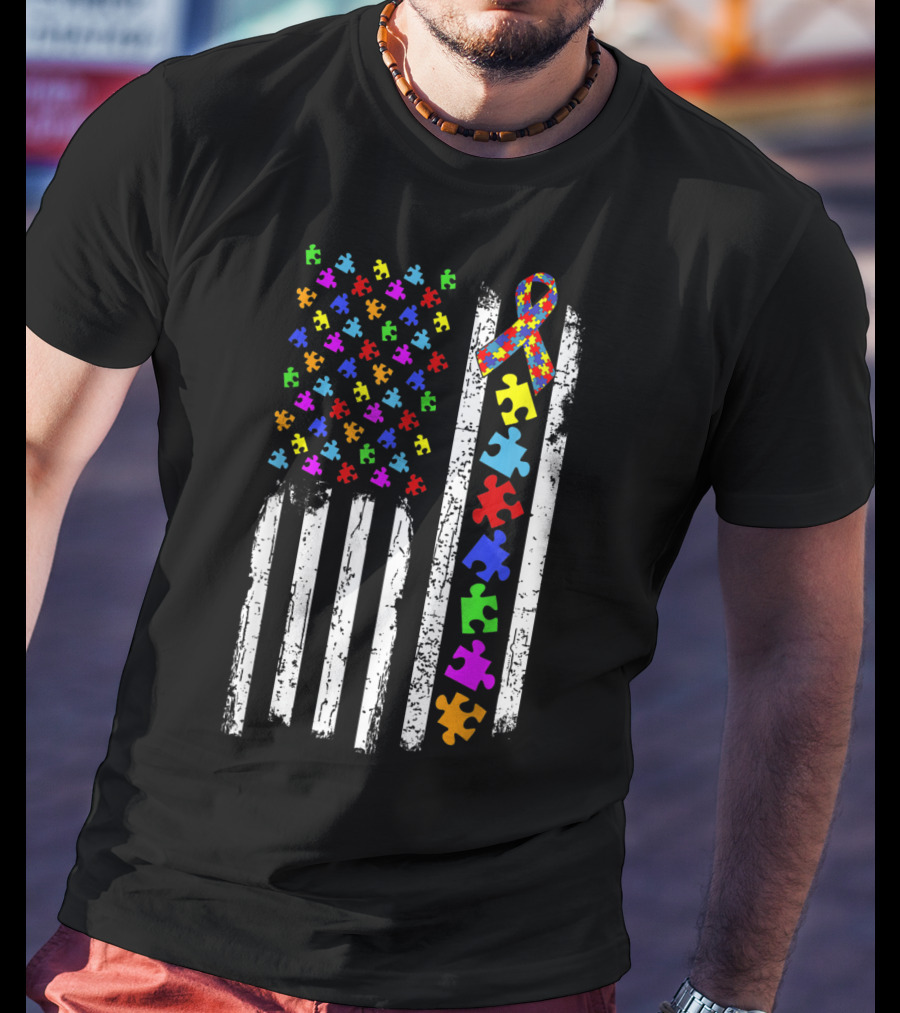 Autism Awareness Puzzle Piece Ribbon American Flag T-Shirt