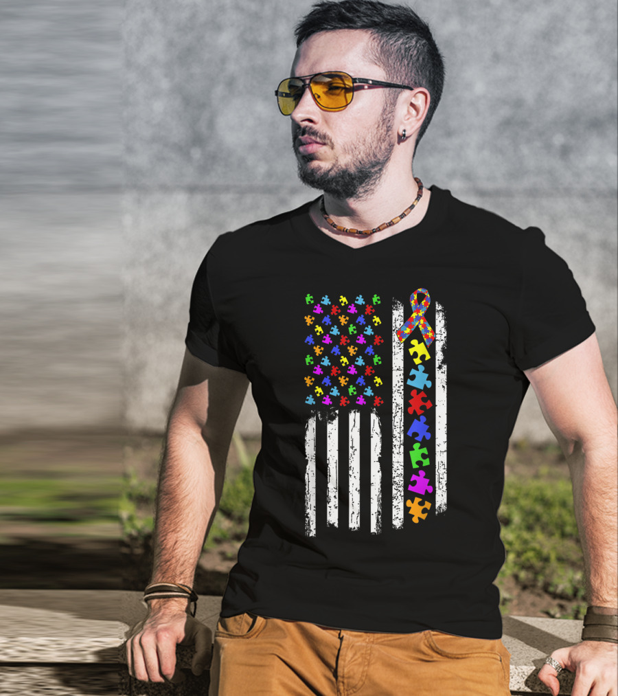 Autism Awareness Puzzle Piece Ribbon American Flag T-Shirt