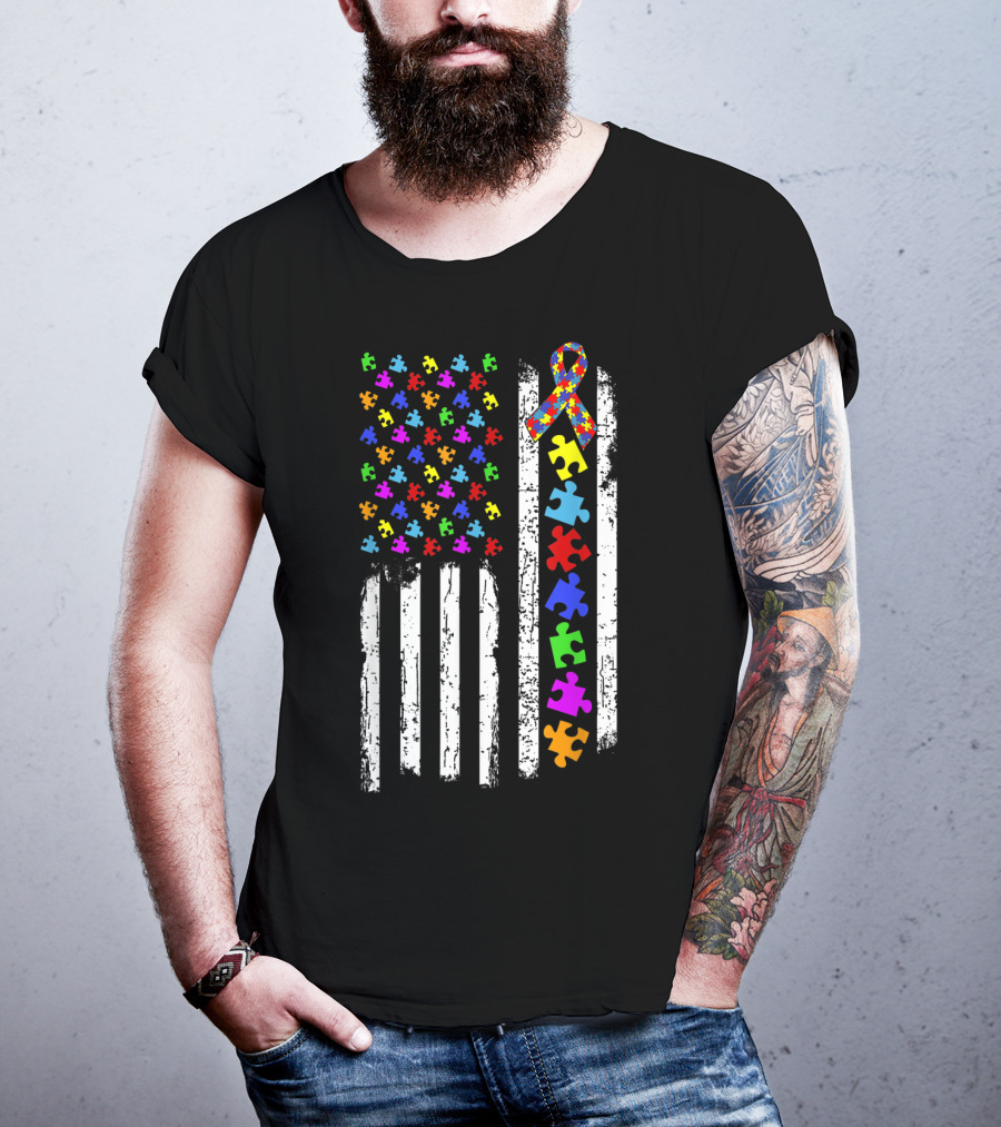 Autism Awareness Puzzle Piece Ribbon American Flag T-Shirt