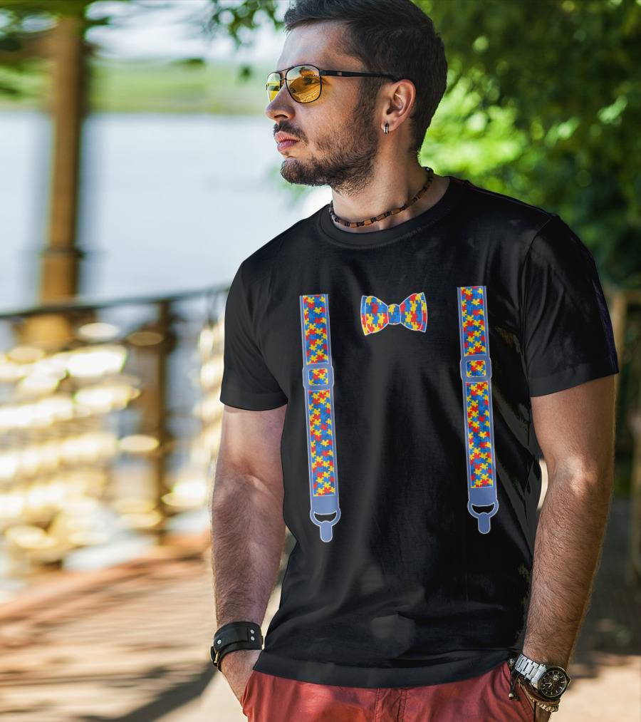 Autism Awareness Puzzle Piece Bow Tie And Suspenders T-Shirt