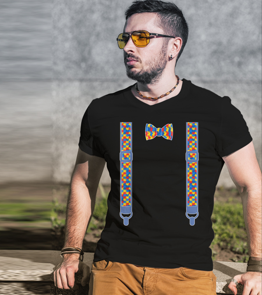 Autism Awareness Puzzle Piece Bow Tie And Suspenders T-Shirt