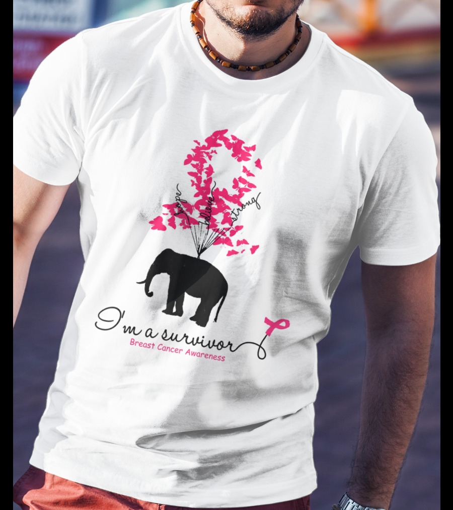 I'm A Survivor Breast Cancer Awareness Pink Ribbon Butterfly Elephant T-Shirt