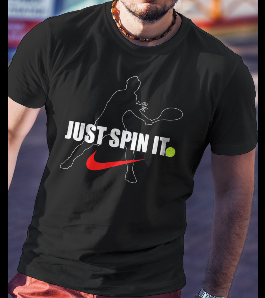 Just Spin It Funny Lawn Tennis Silhouette With Red Swoosh And Tennis Ball T-Shirt