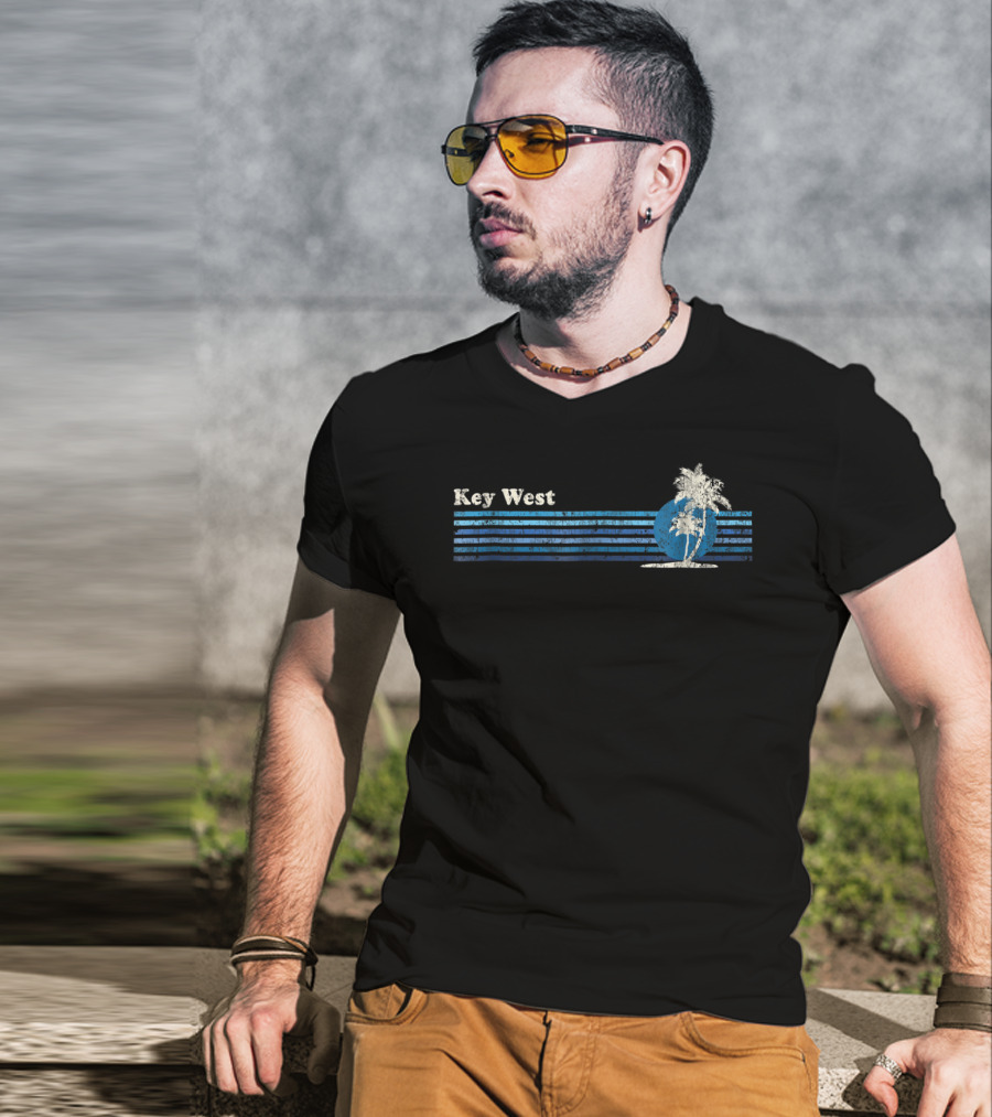 Key West FL Vintage 80s Palm Trees Sunset Retro Blue Stripes T-Shirt