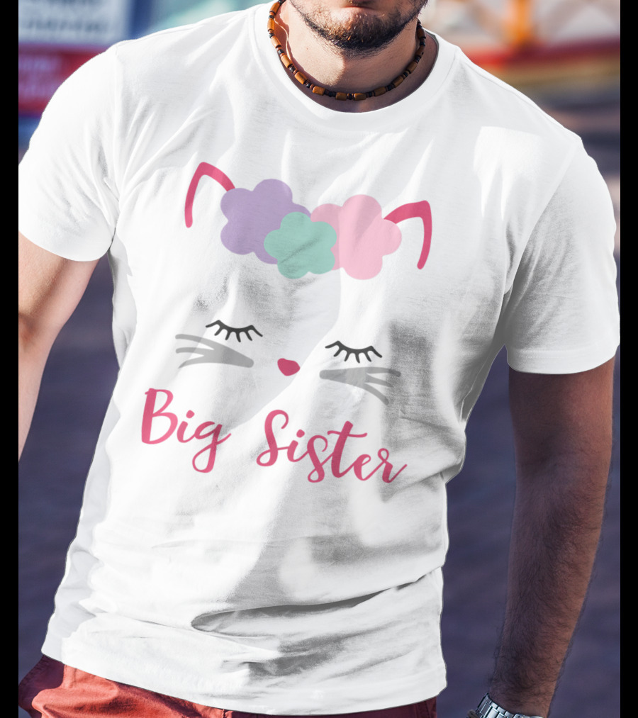 Big Sister Kitty Cat With Floral Headband T-Shirt