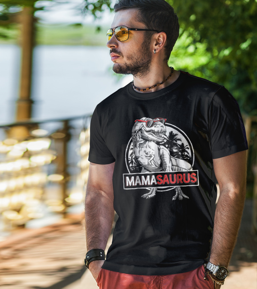 Mamasaurus Rex Dinosaur With Sunglasses And Palm Trees T-Shirt