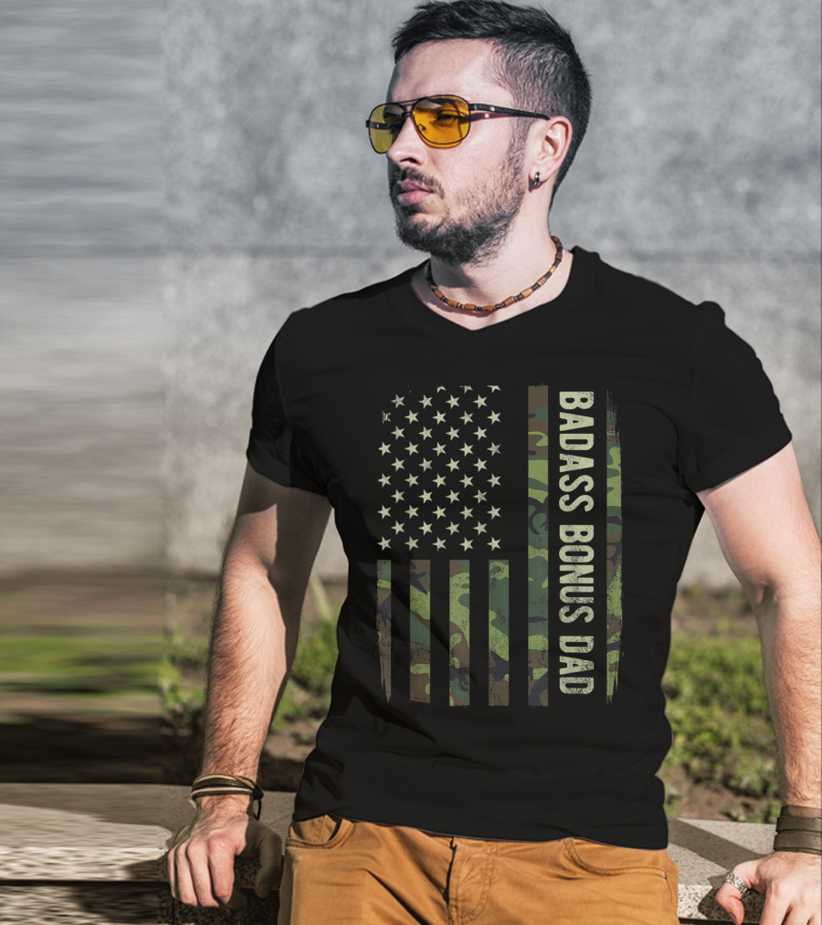 Badass Bonus Dad Camouflage American Flag T-Shirt