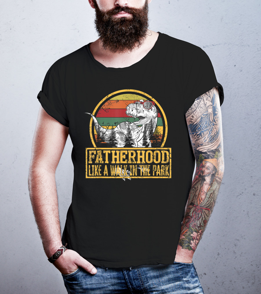 Fatherhood Like A Walk In The Park Dinosaur Theme With Retro Sunset And Trees T-Shirt