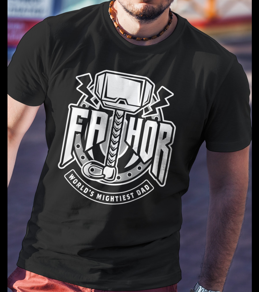 Mens Fathor World's Mightiest Dad Funny Cool Vik Hammer And Lightning T-Shirt
