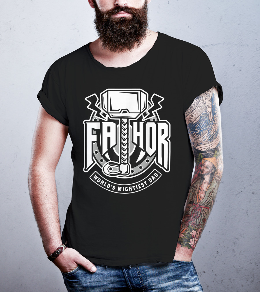 Mens Fathor World's Mightiest Dad Funny Cool Vik Hammer And Lightning T-Shirt