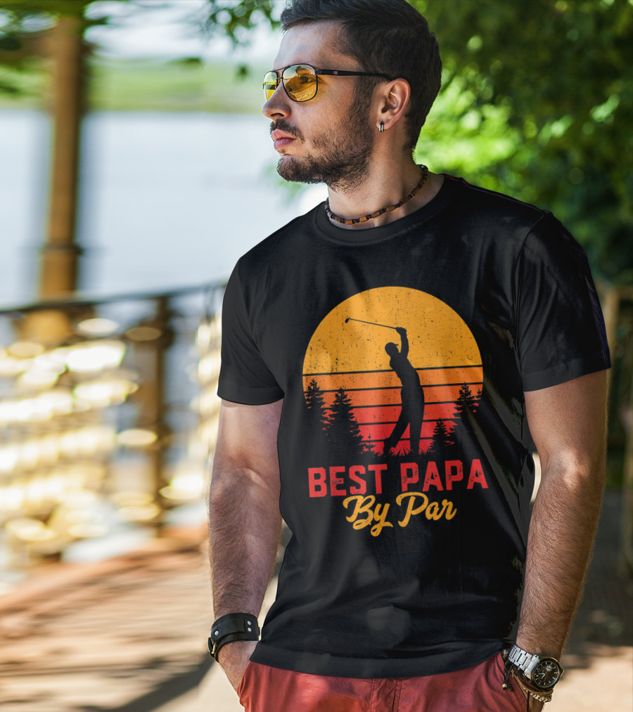 Mens Funny Father's Day Best Papa By Par Golf Silhouette Sunset T-Shirt