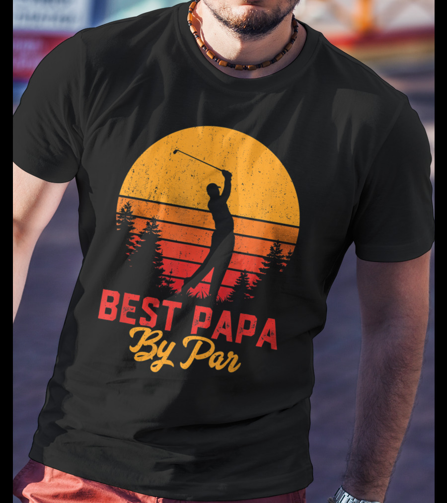Mens Funny Father's Day Best Papa By Par Golf Silhouette Sunset T-Shirt