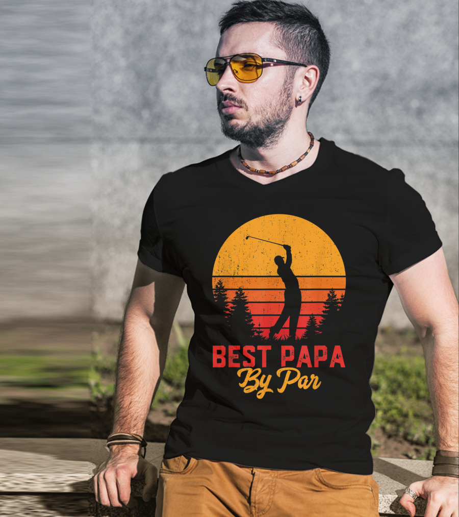 Mens Funny Father's Day Best Papa By Par Golf Silhouette Sunset T-Shirt