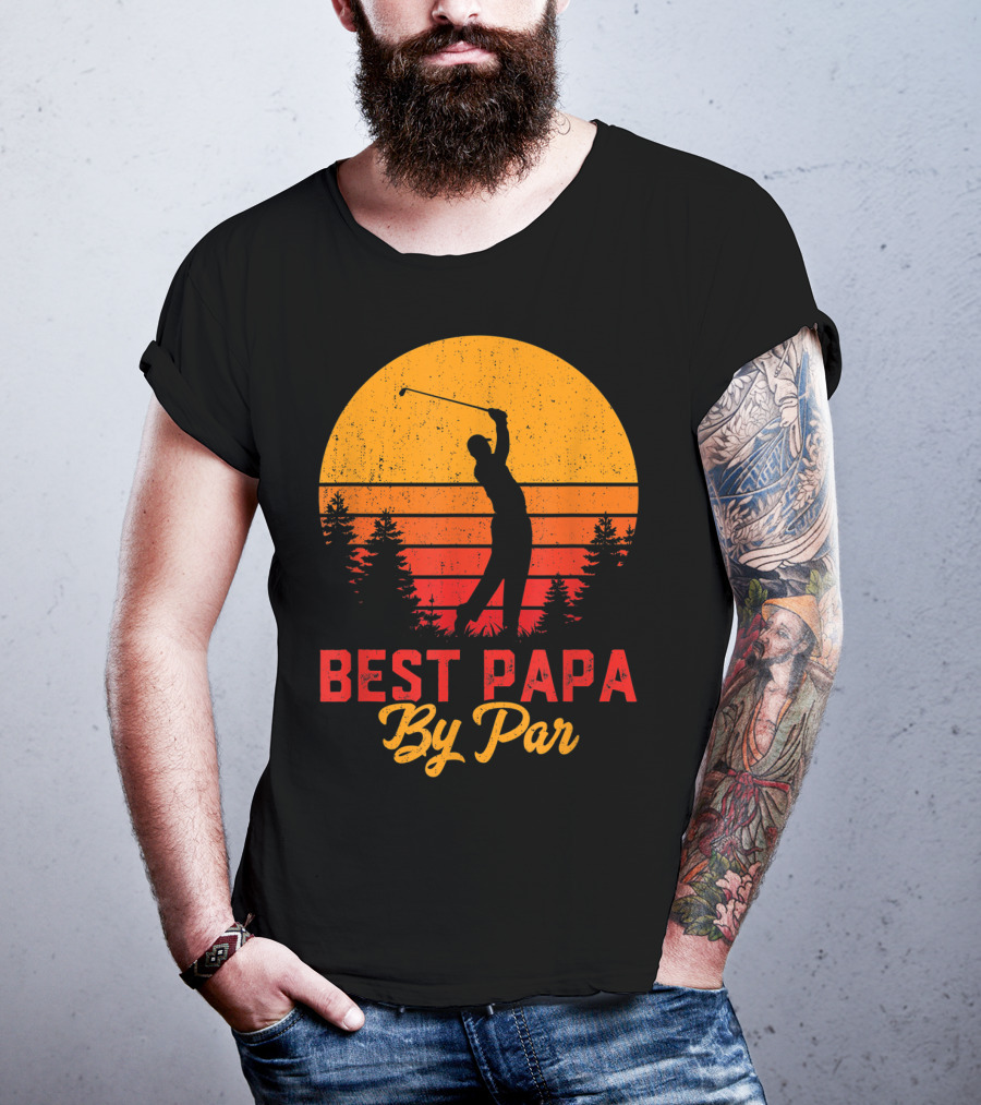 Mens Funny Father's Day Best Papa By Par Golf Silhouette Sunset T-Shirt