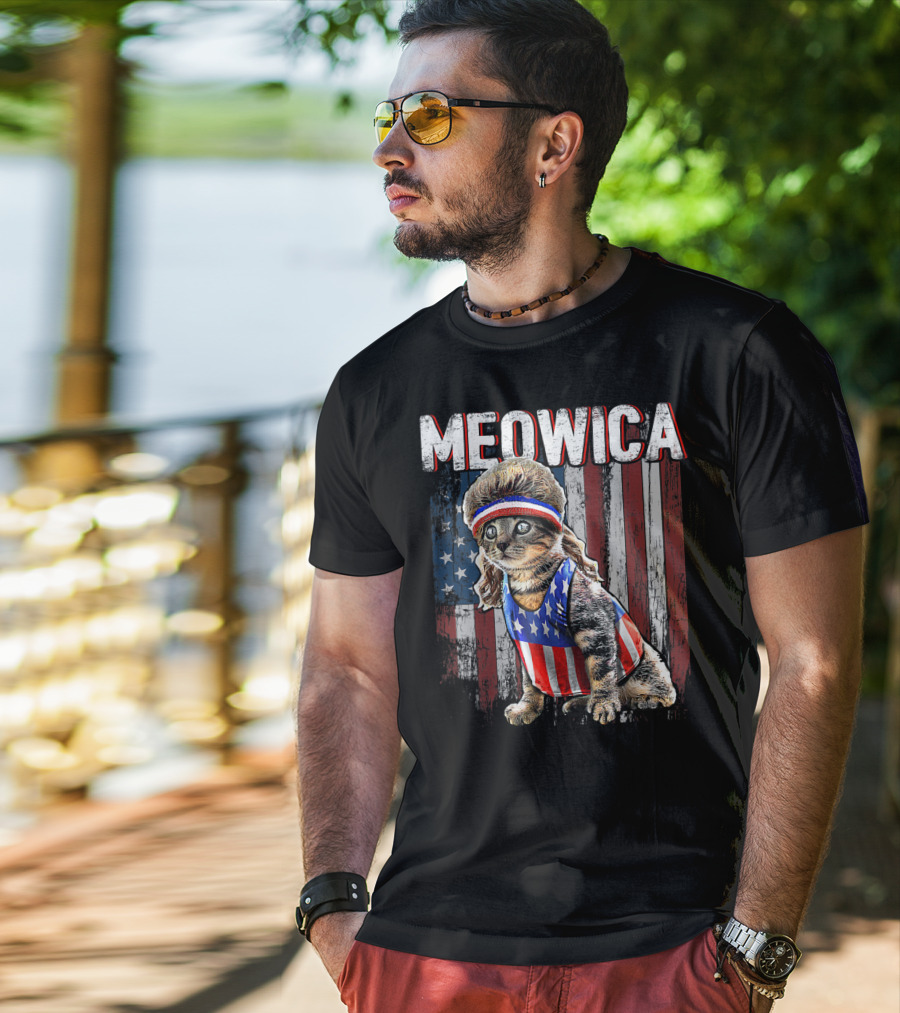 Meowica Cat Mullet American Flag Patriotic Kitten In Stars And Stripes Vest And Headband In Front Of American Flag T-Shirt