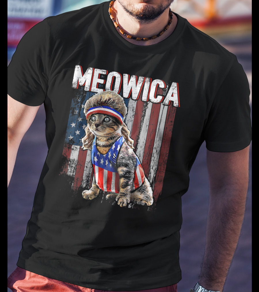 Meowica Cat Mullet American Flag Patriotic Kitten In Stars And Stripes Vest And Headband In Front Of American Flag T-Shirt