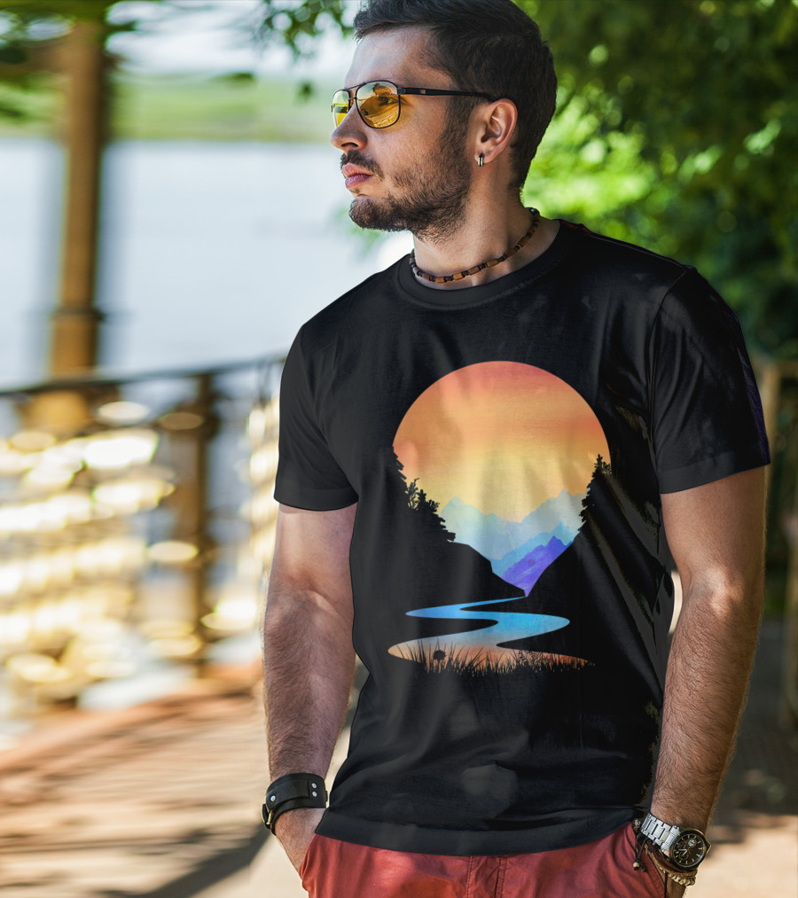 Outdoor Sunset Vintage Style Mountains Sun Nature River Landscape T-Shirt
