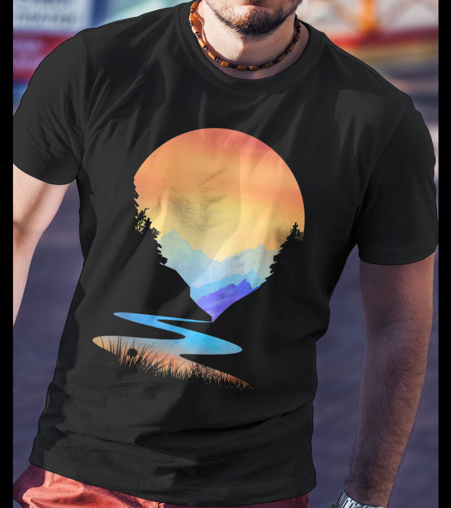 Outdoor Sunset Vintage Style Mountains Sun Nature River Landscape T-Shirt
