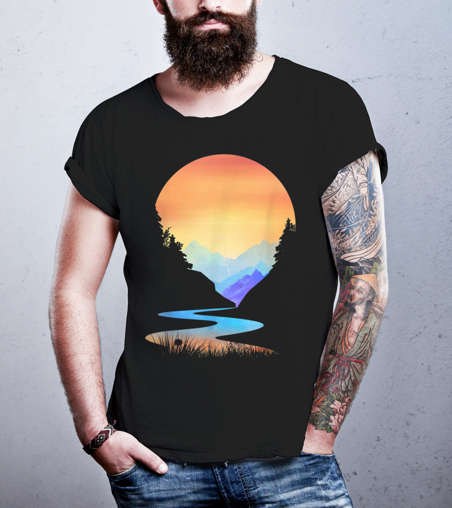 Outdoor Sunset Vintage Style Mountains Sun Nature River Landscape T-Shirt