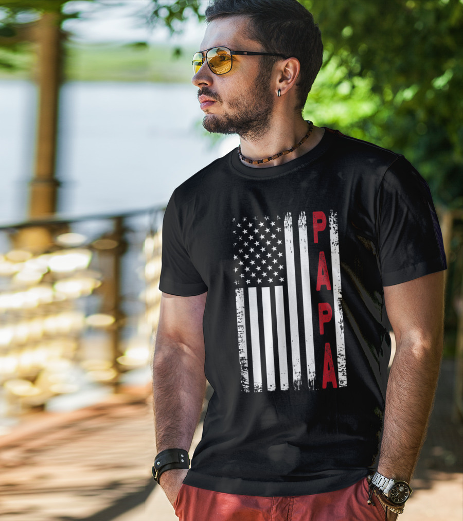 Papa Vertical Red Letters American Flag T-Shirt
