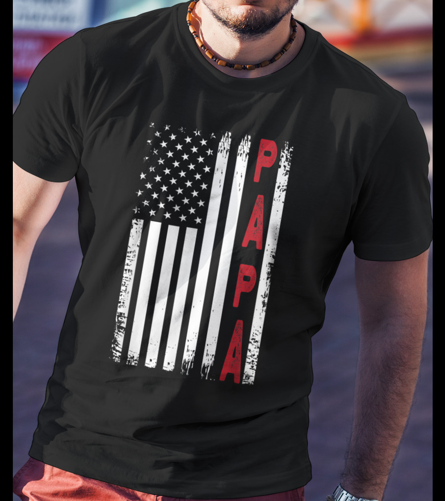 Papa Vertical Red Letters American Flag T-Shirt