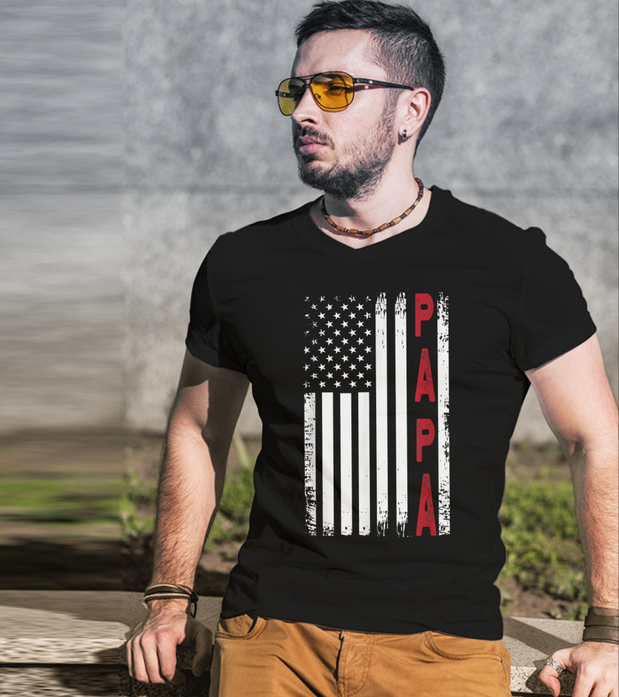 Papa Vertical Red Letters American Flag T-Shirt