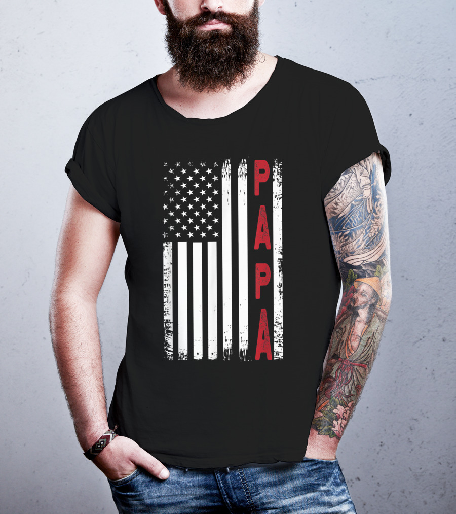 Papa Vertical Red Letters American Flag T-Shirt