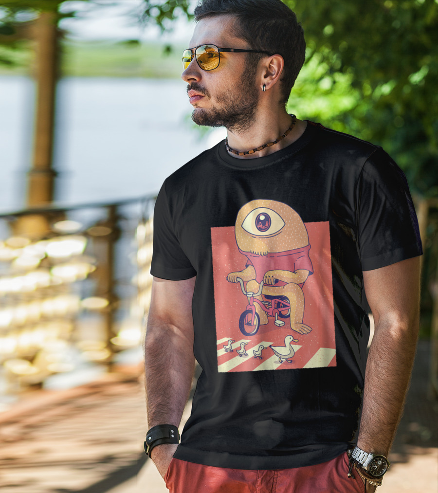Vintage Japanese Cyclops Riding Bicycle With Ducklings Crossing T-Shirt