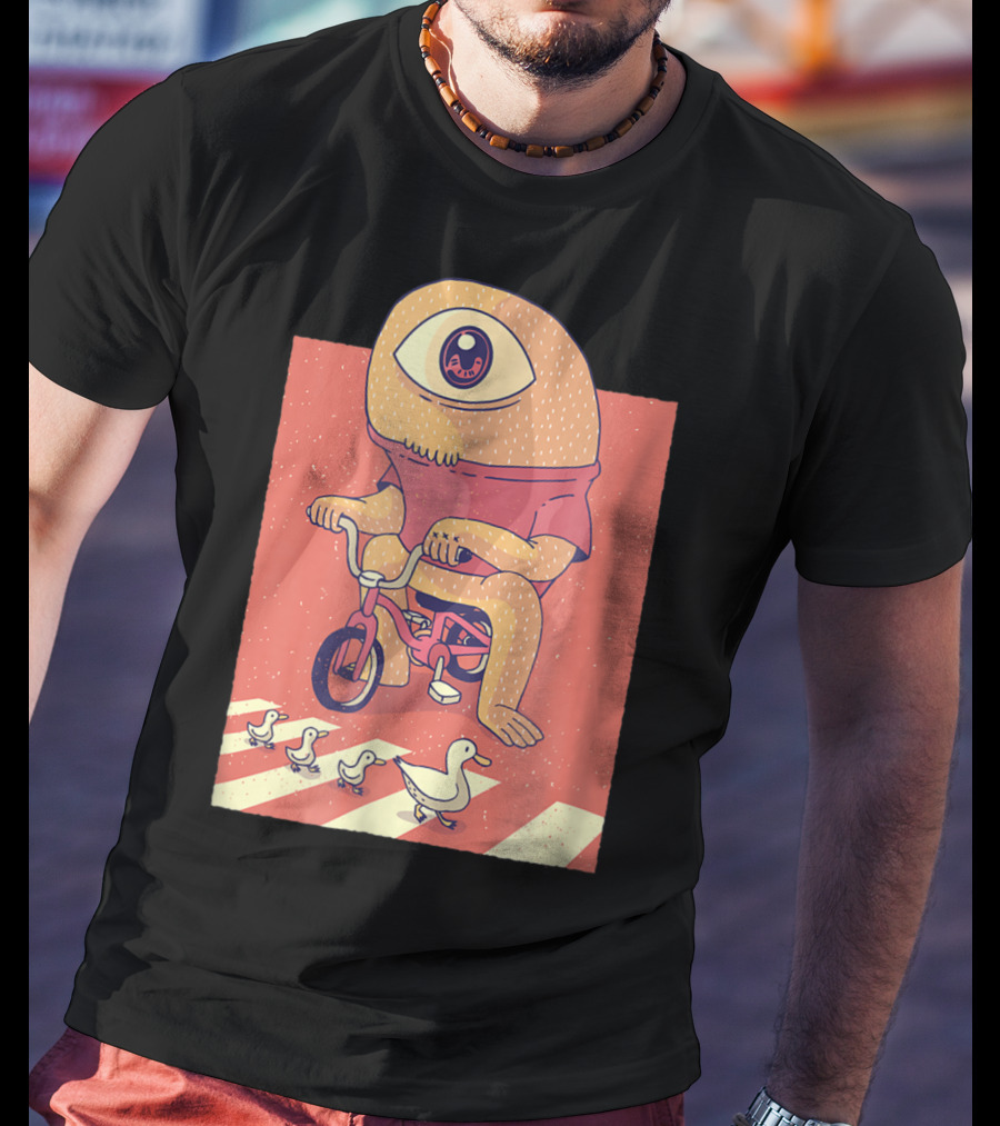 Vintage Japanese Cyclops Riding Bicycle With Ducklings Crossing T-Shirt