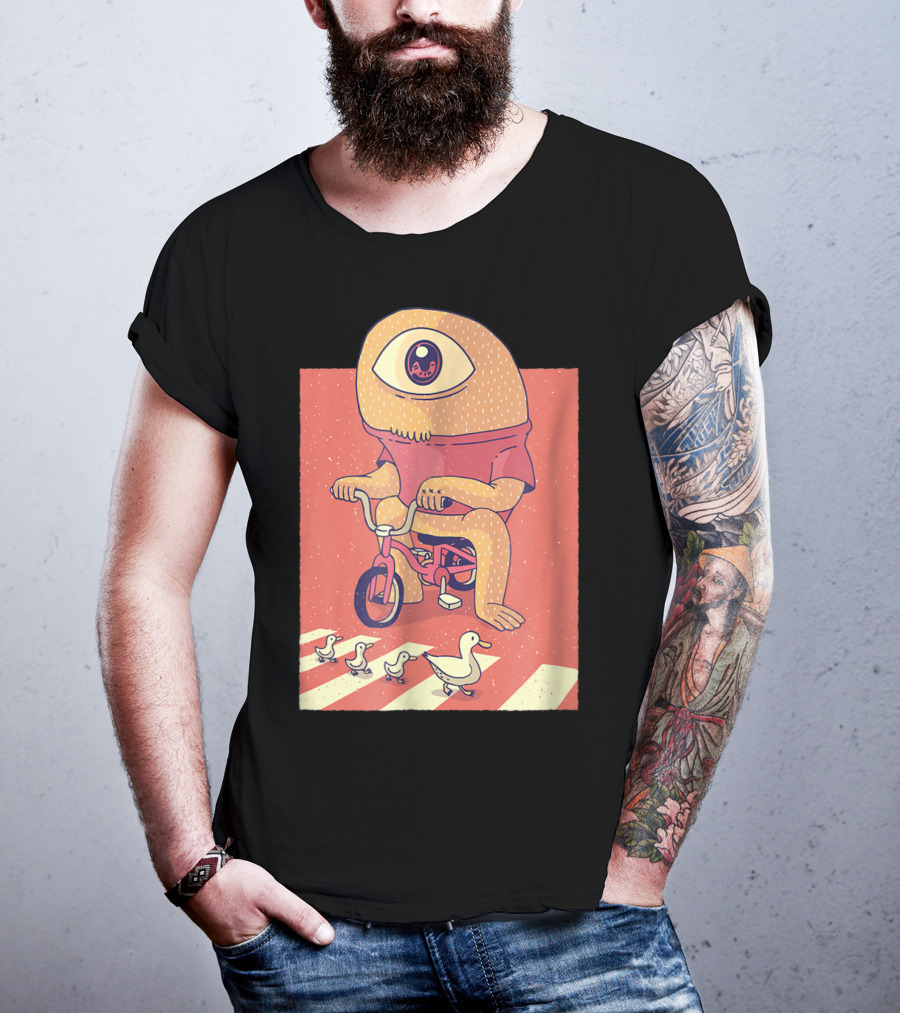 Vintage Japanese Cyclops Riding Bicycle With Ducklings Crossing T-Shirt
